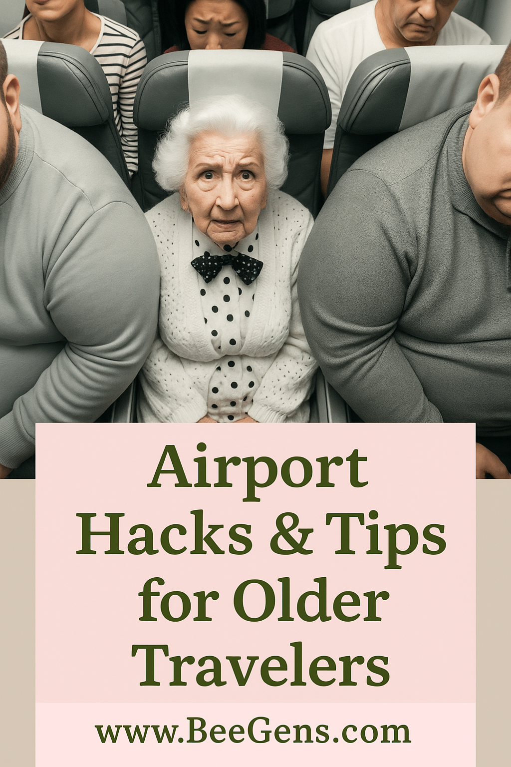Elderly woman sitting anxiously between passengers on an airplane with travel tips title below