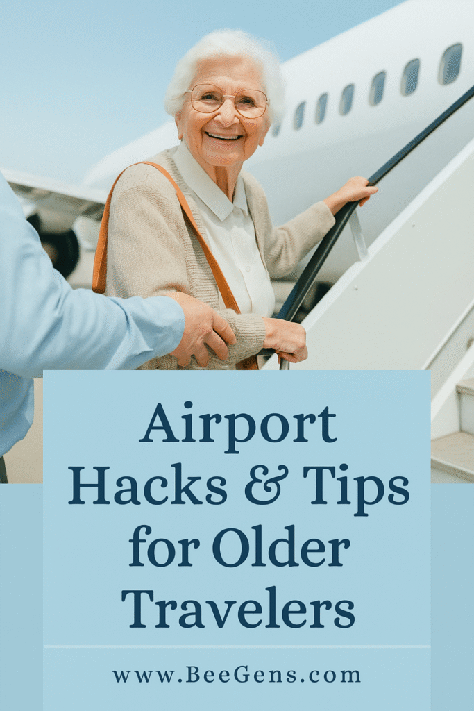 Elderly woman sitting anxiously between passengers on an airplane with travel tips title below
